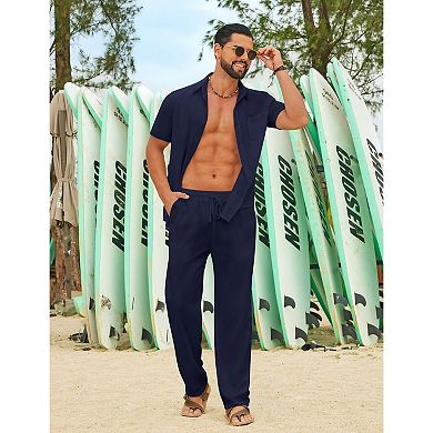 COOFANDY Men' Linen Sets 2 Piece Outfits Casual Short Sleeve Button Down Shirts and Pants Summer