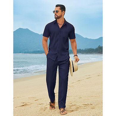 COOFANDY Men' Linen Sets 2 Piece Outfits Casual Short Sleeve Button Down Shirts and Pants Summer