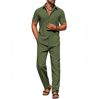 COOFANDY Men' Linen Sets 2 pc Outfits Casual Short Sleeve Button Down Shirts and Pants Summer