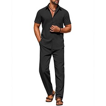 COOFANDY Men' Linen Sets 2 pc Outfits Casual Short Sleeve Button Down Shirts and Pants Summer