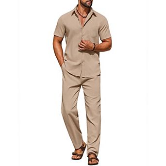 COOFANDY Men' Linen Sets 2 pc Outfits Casual Short Sleeve Button Down Shirts and Pants Summer