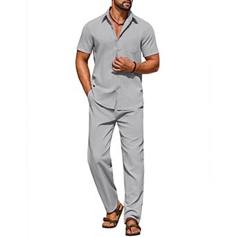 COOFANDY Men' Linen Sets 2 pc Outfits Casual Short Sleeve Button Down Shirts and Pants Summer