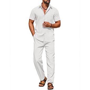 COOFANDY Men' Linen Sets 2 pc Outfits Casual Short Sleeve Button Down Shirts and Pants Summer