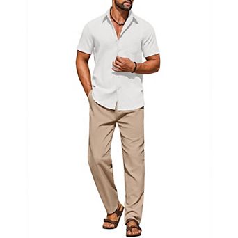 COOFANDY Men' Linen Sets 2 pc Outfits Casual Short Sleeve Button Down Shirts and Pants Summer