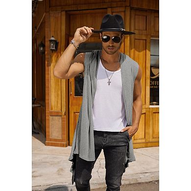 COOFANDY Black Hooded Cloak Men Sleeveless Lightweight Long Shawl Sleeveless Cardigan Open Front