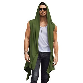 COOFANDY Black Hooded Cloak Men Sleeveless Lightweight Long Shawl Sleeveless Cardigan Open Front