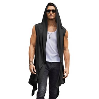 COOFANDY Black Hooded Cloak Men Sleeveless Lightweight Long Shawl Sleeveless Cardigan Open Front
