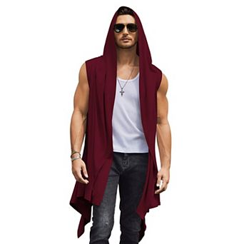 COOFANDY Black Hooded Cloak Men Sleeveless Lightweight Long Shawl Sleeveless Cardigan Open Front