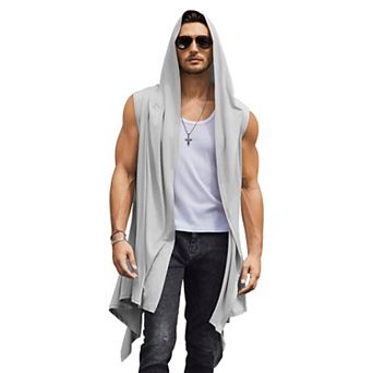 COOFANDY Black Hooded Cloak Men Sleeveless Lightweight Long Shawl Sleeveless Cardigan Open Front