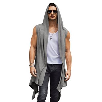 COOFANDY Black Hooded Cloak Men Sleeveless Lightweight Long Shawl Sleeveless Cardigan Open Front