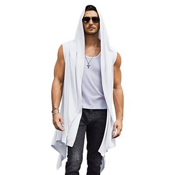 COOFANDY Black Hooded Cloak Men Sleeveless Lightweight Long Shawl Sleeveless Cardigan Open Front