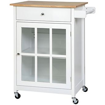 Kitchen Storage Cart on Wheels with Adjustable Shelves and Rubberwood Top