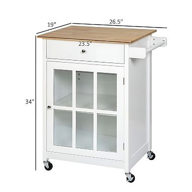Kitchen Storage Cart on Wheels with Adjustable Shelves and Rubberwood Top