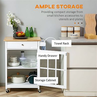 Kitchen Storage Cart on Wheels with Adjustable Shelves and Rubberwood Top