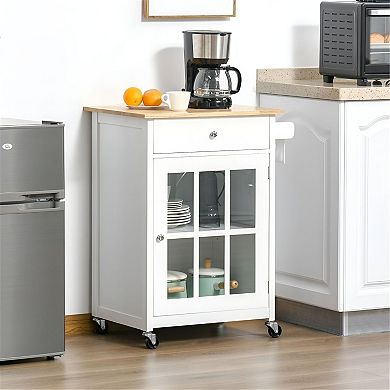 Kitchen Storage Cart on Wheels with Adjustable Shelves and Rubberwood Top