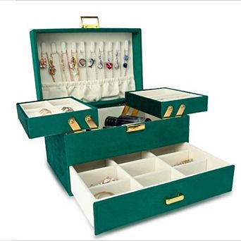 Velvet Jewelry Box for Women, 3 Layer Organizer, Rings, Necklaces, Bracelets, Earrings, Watches