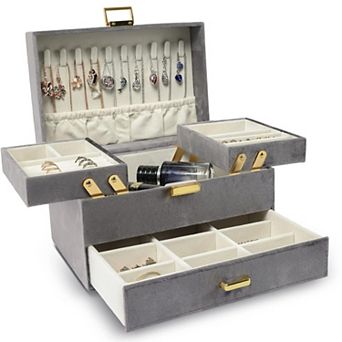 Velvet Jewelry Box for Women, 3 Layer Organizer, Rings, Necklaces, Bracelets, Earrings, Watches