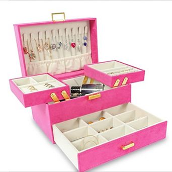 Velvet Jewelry Box for Women, 3 Layer Organizer, Rings, Necklaces, Bracelets, Earrings, Watches