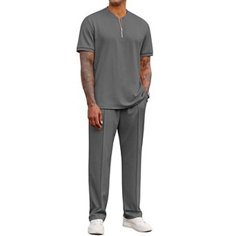 COOFANDY Men' 2 pc Outfits Casual Quarter Zip Polo Shirt and Jogging Pants Summer Tracksuits
