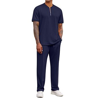 COOFANDY Men' 2 pc Outfits Casual Quarter Zip Polo Shirt and Jogging Pants Summer Tracksuits