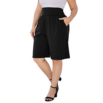 Women's Plus Size High Waist Wide Leg Knee Length with Pockets Casual Summer Shorts