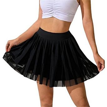 Women's High Waisted Yoga Skort with Built in Shorts Mesh Ruffles Flared Mini Lingerie Skirts