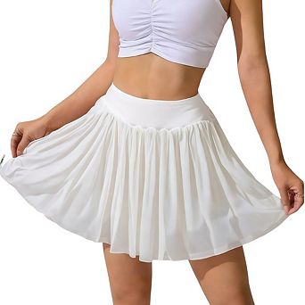 Women's High Waisted Yoga Skort with Built in Shorts Mesh Ruffles Flared Mini Lingerie Skirts