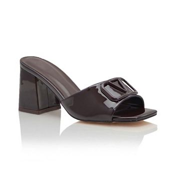 Square-Toe Buckle Detail Block Heel Slide Sandals