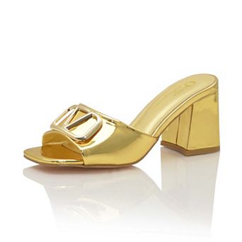 Square-Toe Buckle Detail Block Heel Slide Sandals