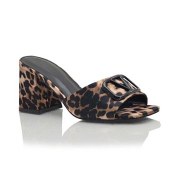 Square-Toe Buckle Detail Block Heel Slide Sandals