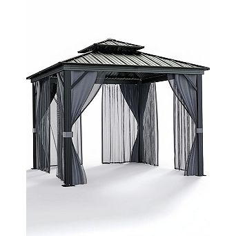 Hardtop Gazebo for Patio and Garden Double Roof, Mosquito Netting, Privacy Curtains