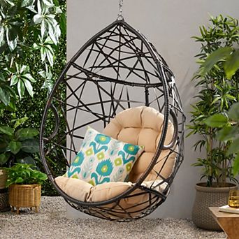 Hanging Egg Chair PE Rattan Wicker Hanging Basket with Water-Resistant Cushion