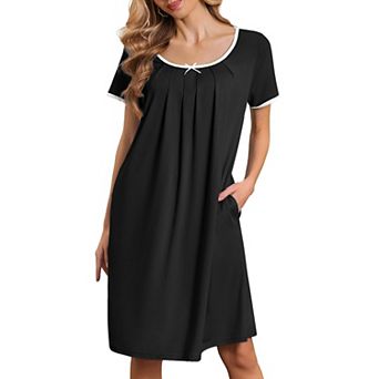Ekouaer Nightgowns for Women Pleated Sleep Shirts Short Sleeve Lace Trim Night Gown with Pockets
