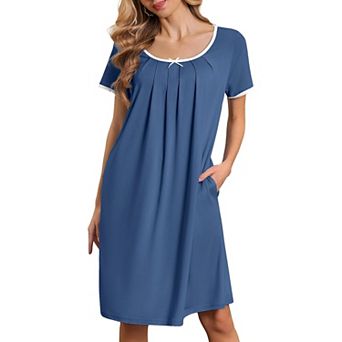 Ekouaer Nightgowns for Women Pleated Sleep Shirts Short Sleeve Lace Trim Night Gown with Pockets