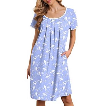Ekouaer Nightgowns for Women Pleated Sleep Shirts Short Sleeve Lace Trim Night Gown with Pockets