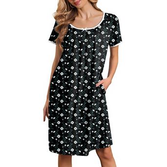 Ekouaer Nightgowns for Women Pleated Sleep Shirts Short Sleeve Lace Trim Night Gown with Pockets