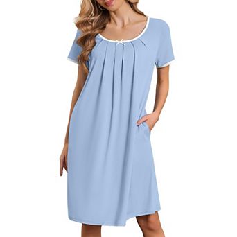 Ekouaer Nightgowns for Women Pleated Sleep Shirts Short Sleeve Lace Trim Night Gown with Pockets