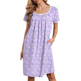 Ekouaer Nightgowns for Women Pleated Sleep Shirts Short Sleeve Lace Trim Night Gown with Pockets
