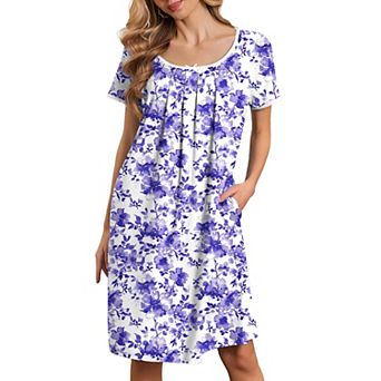 Ekouaer Nightgowns for Women Pleated Sleep Shirts Short Sleeve Lace Trim Night Gown with Pockets