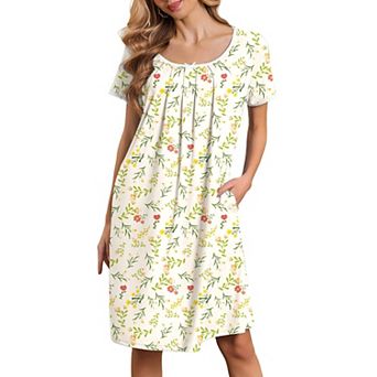 Ekouaer Nightgowns for Women Pleated Sleep Shirts Short Sleeve Lace Trim Night Gown with Pockets