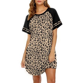 Ekouaer Nightgowns for Women Short Sleeve Sleepshirts Crew Neck Nightshirts Color Block Pajamas