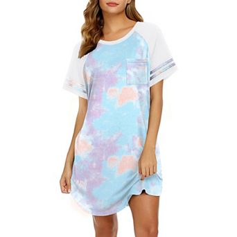 Ekouaer Nightgowns for Women Short Sleeve Sleepshirts Crew Neck Nightshirts Color Block Pajamas