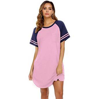 Ekouaer Nightgowns for Women Short Sleeve Sleepshirts Crew Neck Nightshirts Color Block Pajamas