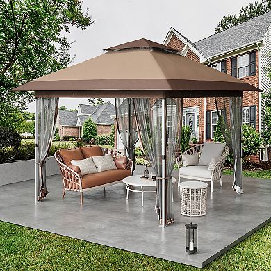 Outdoor Gazebo with Mosquito Netting, Pop-Up Canopy Tent for Patio Backyard, 2-Tiered Vented Top