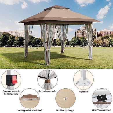 Outdoor Gazebo with Mosquito Netting, Pop-Up Canopy Tent for Patio Backyard, 2-Tiered Vented Top