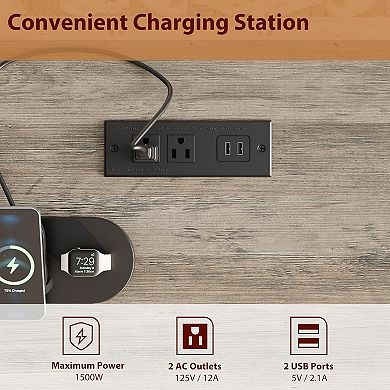 4-Drawer Executive Writing Desk with Charging Station, Wood Office Table Sturdy Workstation