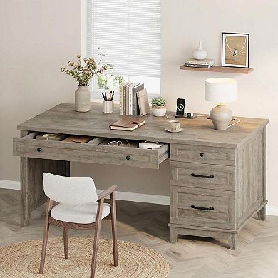 4-Drawer Executive Writing Desk with Charging Station, Wood Office Table Sturdy Workstation