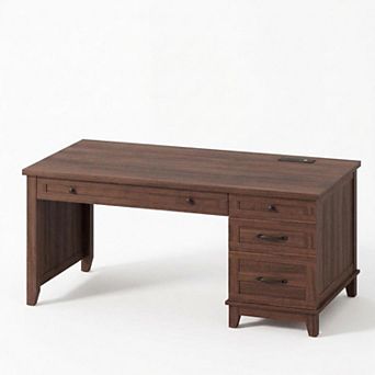 4-Drawer Executive Writing Desk with Charging Station, Wood Office Table Sturdy Workstation