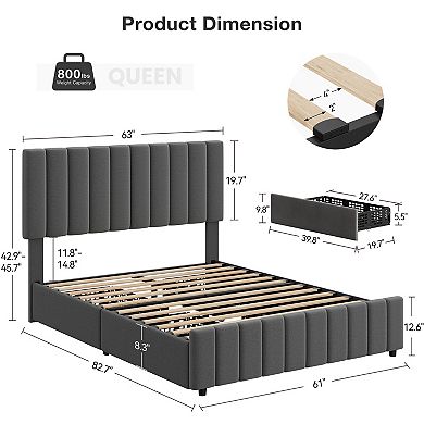 Bed Frame Linen Upholstered Platform Bed with Storage Drawers, Adjustable Height, Easy Assembly