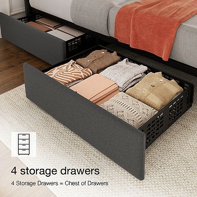 Bed Frame Linen Upholstered Platform Bed with Storage Drawers, Adjustable Height, Easy Assembly